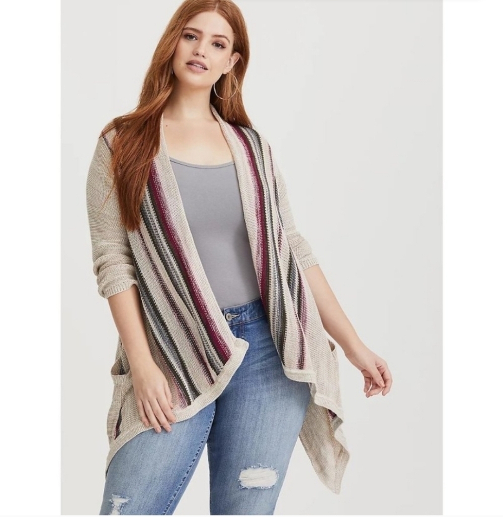 TORRID Multi-Color Striped Open-Front Waterfall Knit Cardigan Women's 1X Layer - Picture 3 of 13
